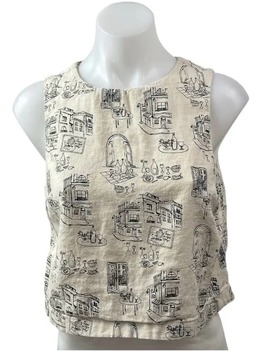 Architectural Sketch Linen Sleeveless Crop Top